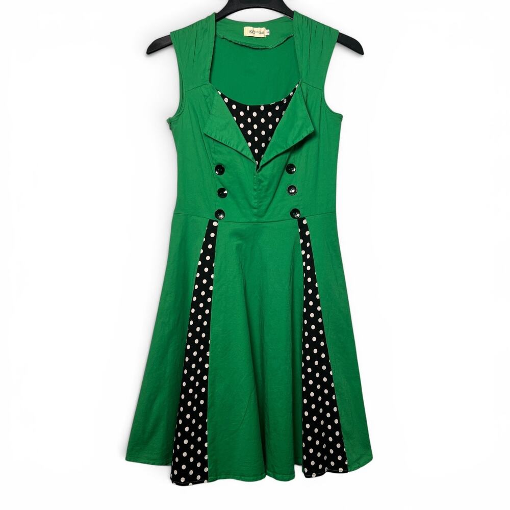 KILLREAL Kelly Green Polka Dot Fit Flare Dress Retro Pinup Rockabilly SZ Large